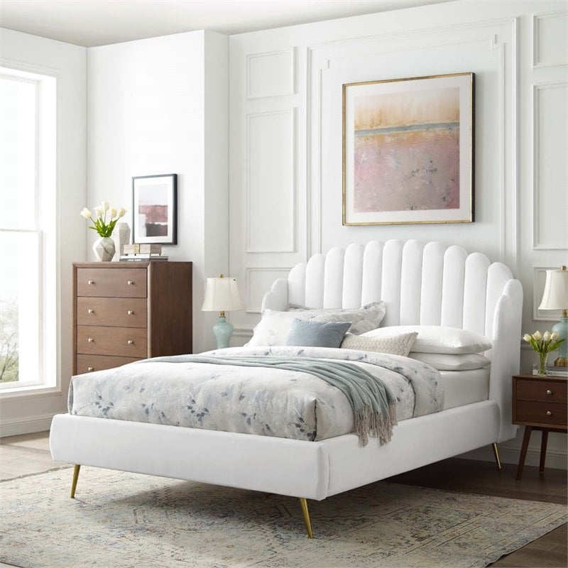 Pemberly Row Queen Velvet Wingback Platform Bed in White