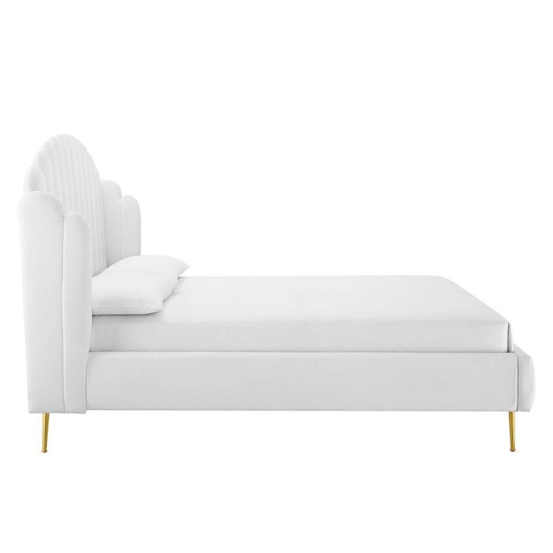 Pemberly Row Queen Velvet Wingback Platform Bed in White