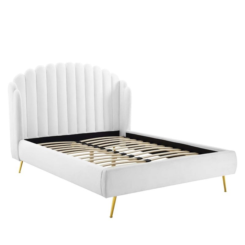 Pemberly Row Queen Velvet Wingback Platform Bed in White
