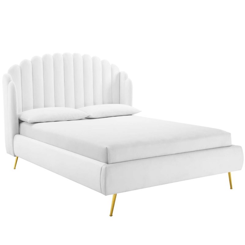 Pemberly Row Queen Velvet Wingback Platform Bed in White