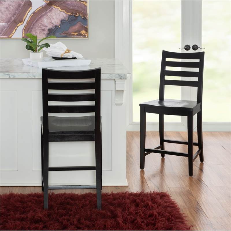 Pemberly Row Set of 2 Ladderback Counter Stools in Black Beechwood