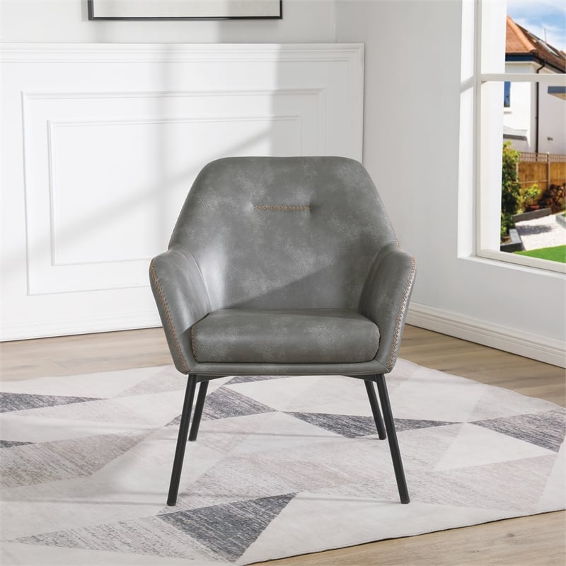 Pemberly Row Gray Faux Leather Accent Chair with Black Legs