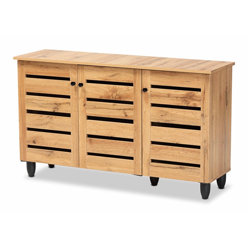 Pemberly Row 3-Door Shoe Storage Cabinet in Oak Brown Finish