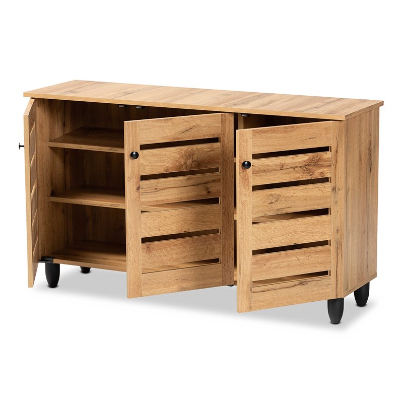 Pemberly Row 3-Door Shoe Storage Cabinet in Oak Brown Finish