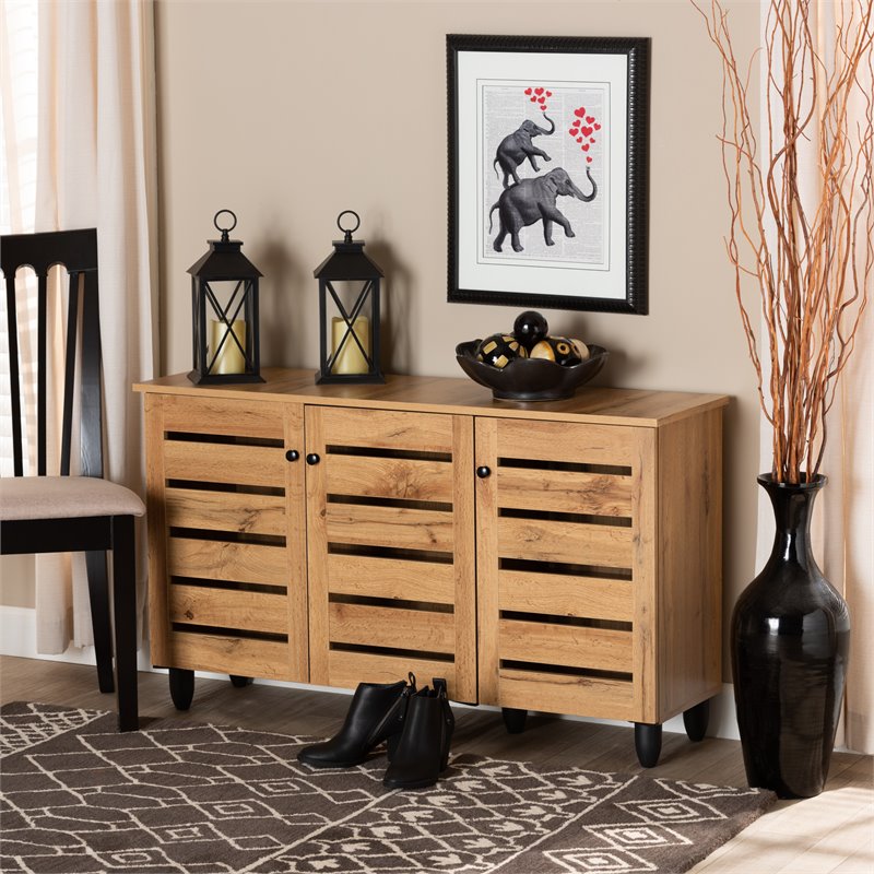 Pemberly Row 3-Door Shoe Storage Cabinet in Oak Brown Finish