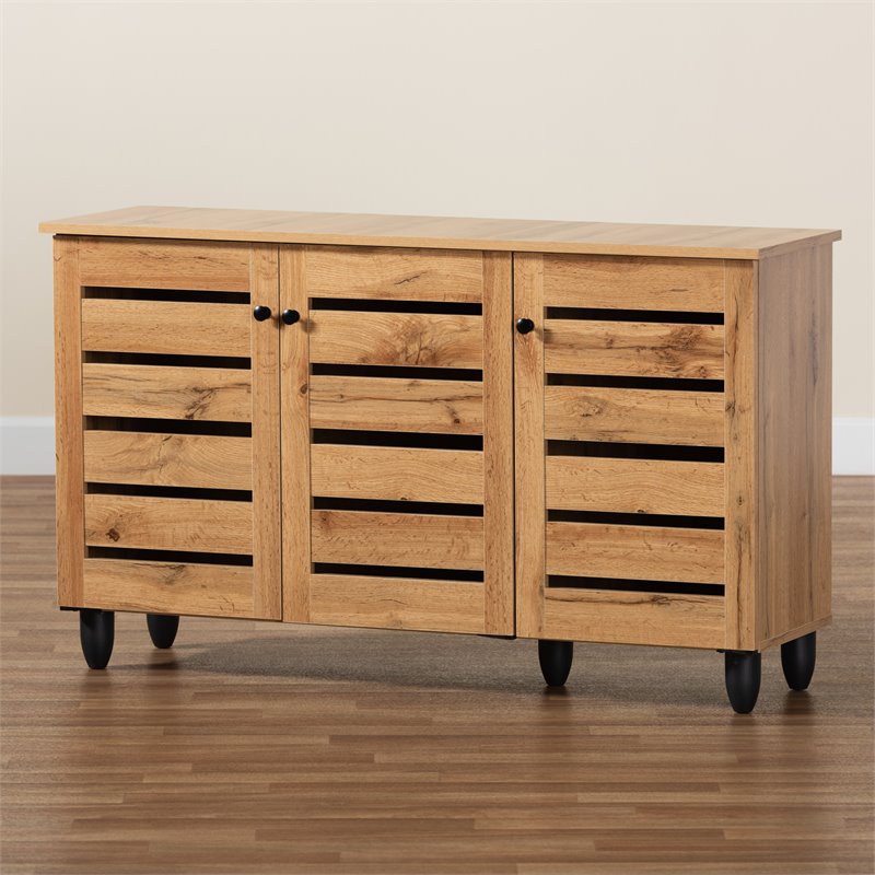 Pemberly Row 3-Door Shoe Storage Cabinet in Oak Brown Finish