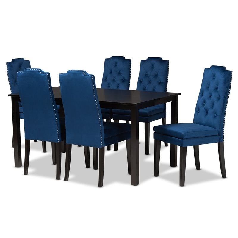 Pemberly Row Dylin Navy Blue and Dark Brown 7-Piece Dining Set with Large Table