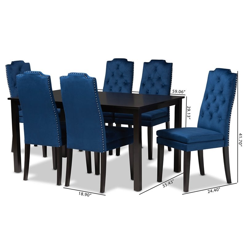 Pemberly Row Dylin Navy Blue and Dark Brown 7-Piece Dining Set with Large Table