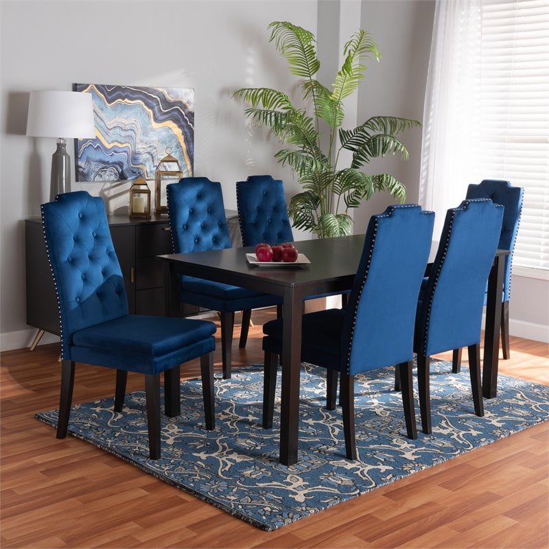 Pemberly Row Dylin Navy Blue and Dark Brown 7-Piece Dining Set with Large Table