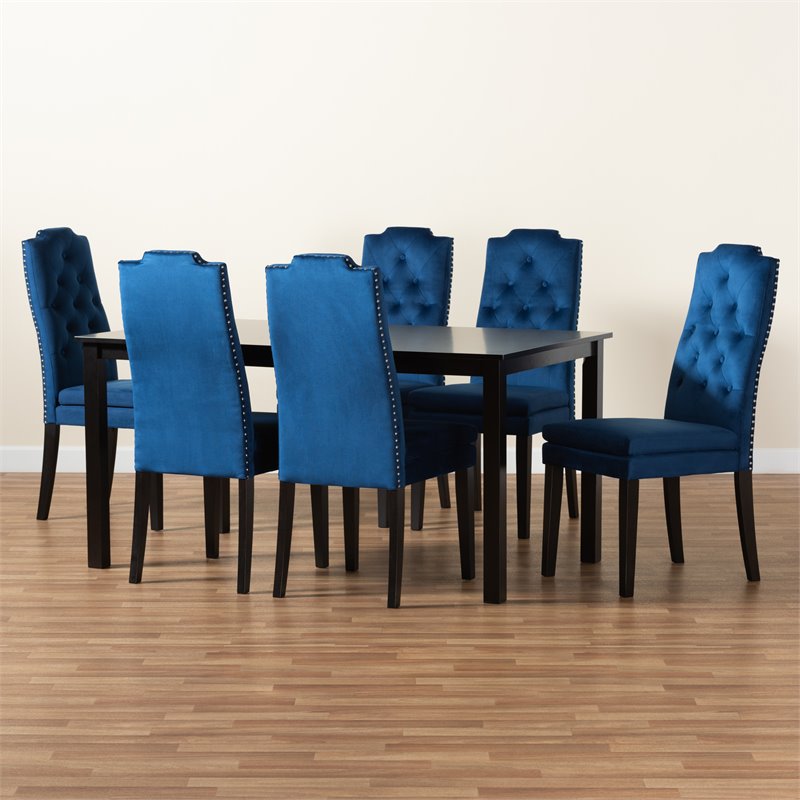 Pemberly Row Dylin Navy Blue and Dark Brown 7-Piece Dining Set with Large Table