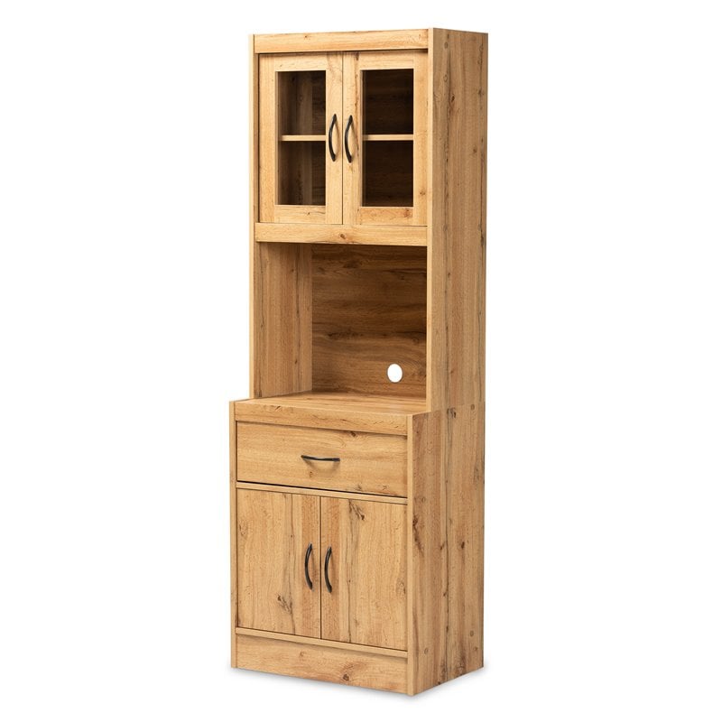 Pemberly Row Laurana Oak Brown Wood Kitchen Cabinet with Hutch and Shelves