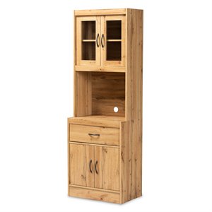 Pemberly Row Laurana Oak Brown Wood Kitchen Cabinet with Hutch and Shelves