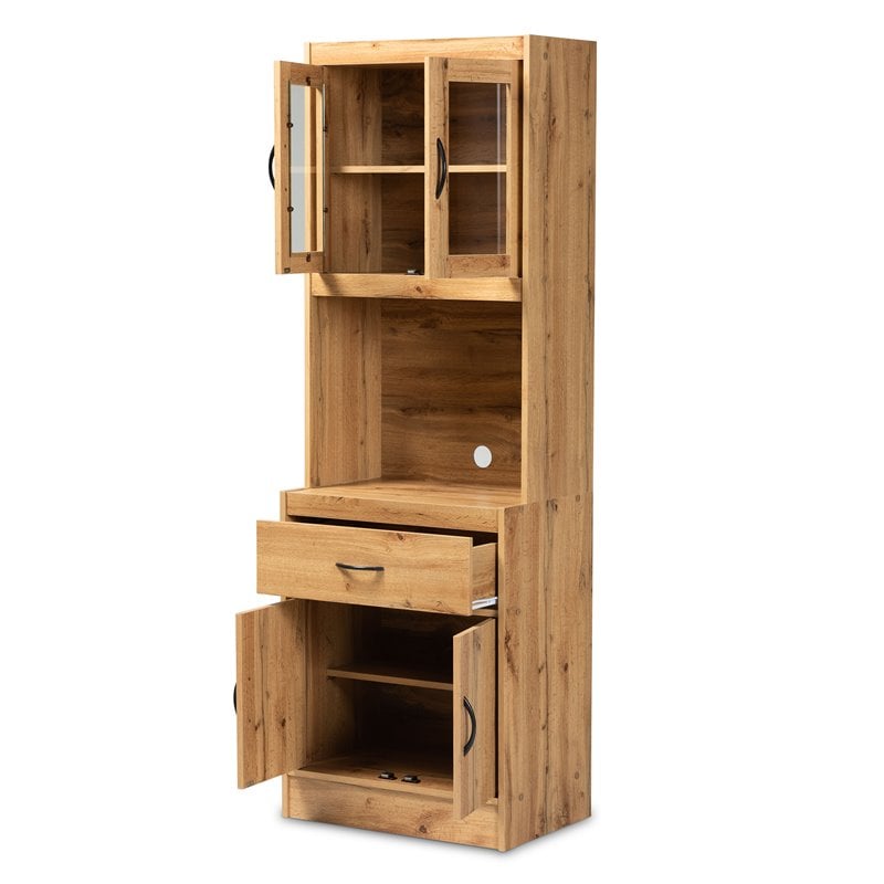 Pemberly Row Laurana Oak Brown Wood Kitchen Cabinet with Hutch and Shelves