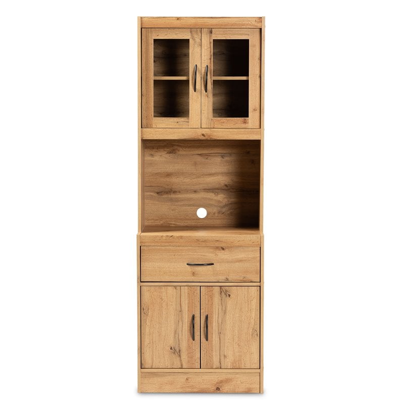 Pemberly Row Laurana Oak Brown Wood Kitchen Cabinet with Hutch and Shelves