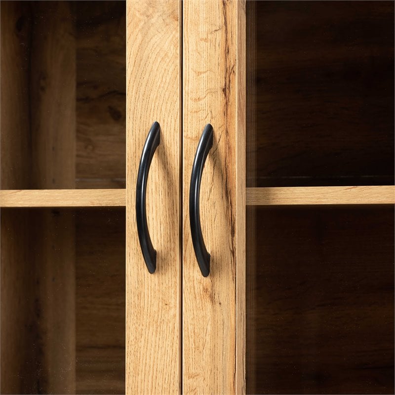 Pemberly Row Laurana Oak Brown Wood Kitchen Cabinet with Hutch and Shelves