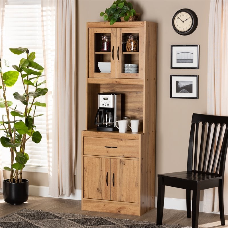Pemberly Row Laurana Oak Brown Wood Kitchen Cabinet with Hutch and Shelves