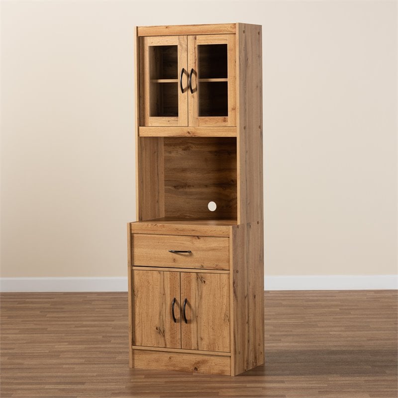 Pemberly Row Laurana Oak Brown Wood Kitchen Cabinet with Hutch and Shelves