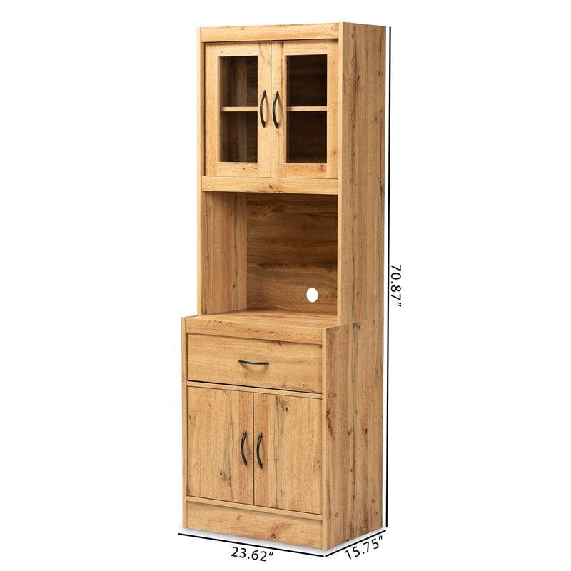 Pemberly Row Laurana Oak Brown Wood Kitchen Cabinet with Hutch and Shelves
