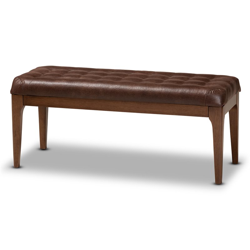 Pemberly Row Wood Dining Bench with Tufted Faux Leather Upholstery in Brown