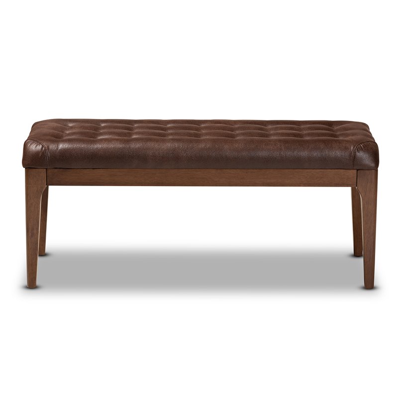 Pemberly Row Wood Dining Bench with Tufted Faux Leather Upholstery in Brown