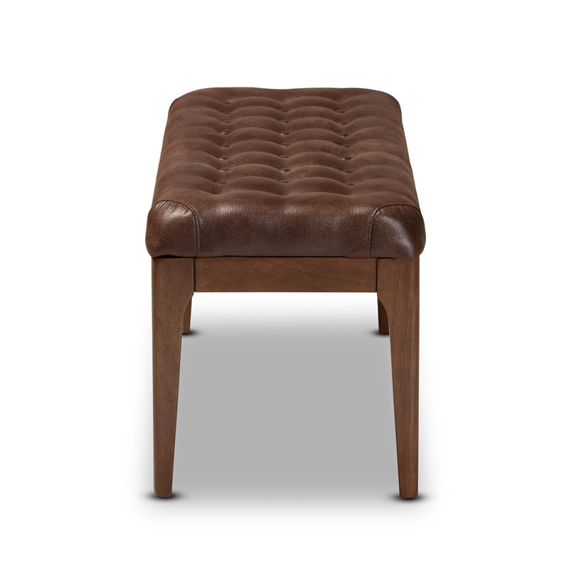 Pemberly Row Wood Dining Bench with Tufted Faux Leather Upholstery in Brown