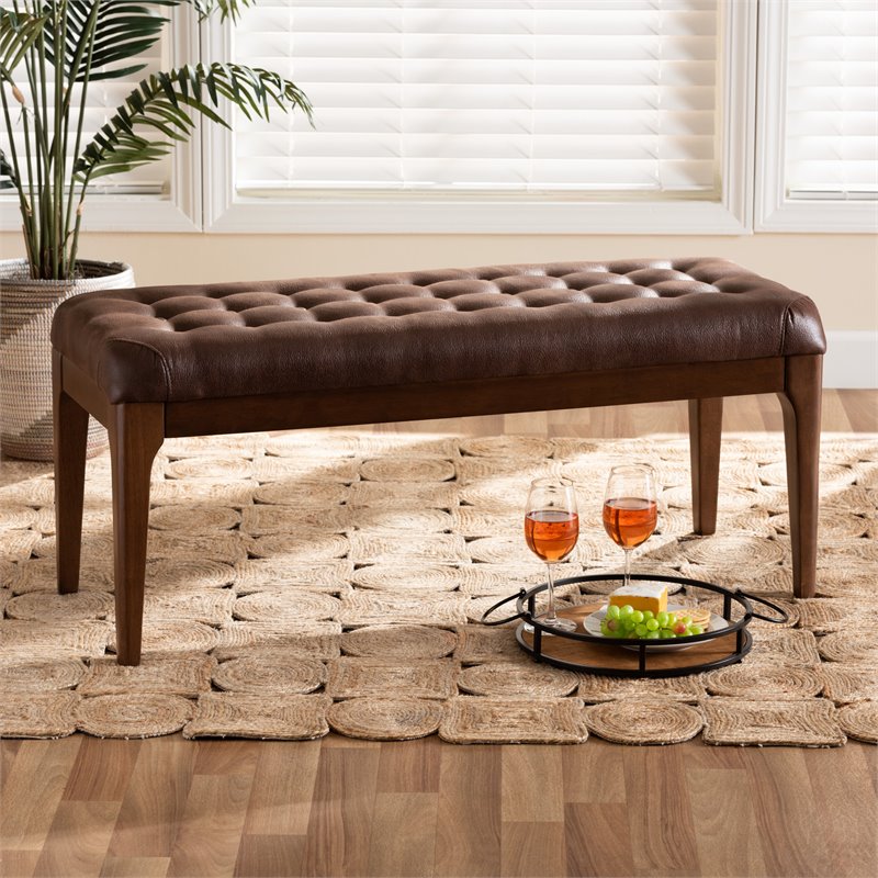 Pemberly Row Wood Dining Bench with Tufted Faux Leather Upholstery in Brown