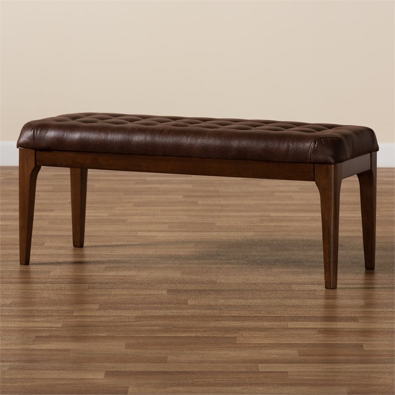 Pemberly Row Wood Dining Bench with Tufted Faux Leather Upholstery in Brown