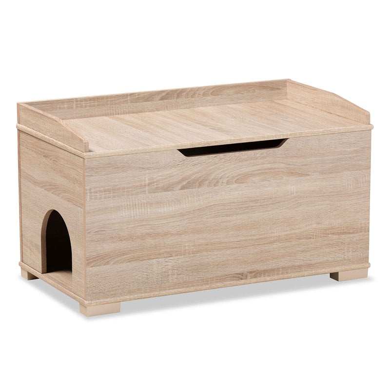 Pemberly Row Oak Finished Wood Cat Litter Box Cover with Shelf