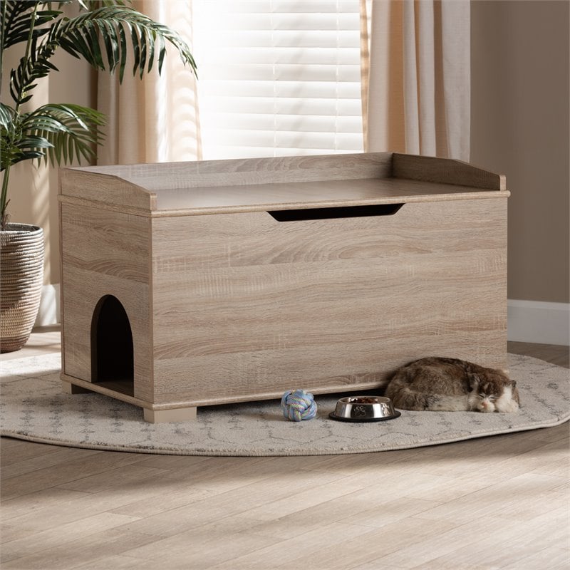 Pemberly Row Oak Finished Wood Cat Litter Box Cover with Shelf