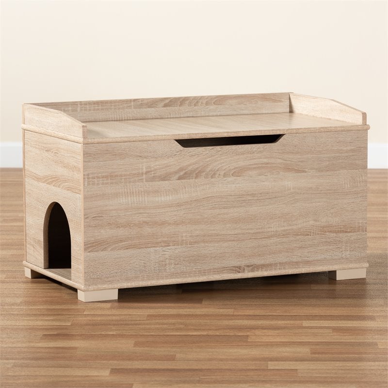 Pemberly Row Oak Finished Wood Cat Litter Box Cover with Shelf