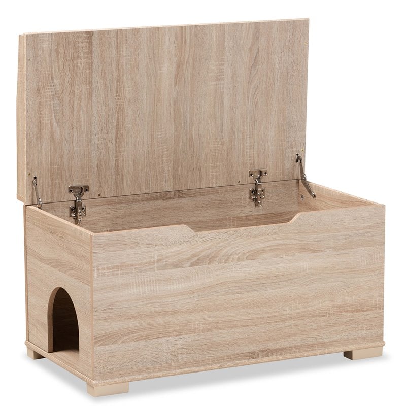 Pemberly Row Oak Finished Wood Cat Litter Box Cover with Shelf