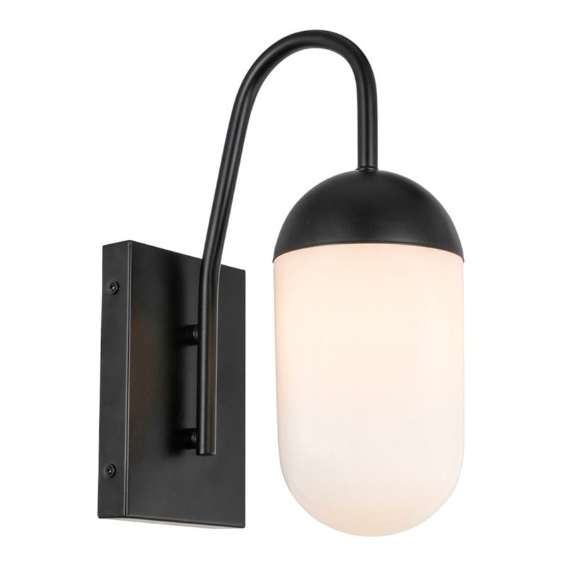 Pemberly Row Kace 1-Light Metal Wall Sconce in Black & Frosted White Glass