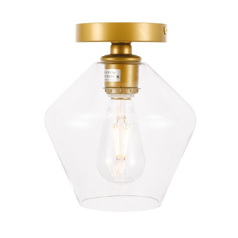 Pemberly Row Gene 1-Light Metal and Glass Flush Mount in Brass/Clear