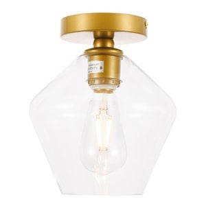 Pemberly Row Gene 1-Light Metal and Glass Flush Mount in Brass/Clear