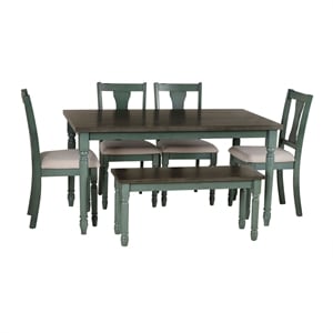 Pemberly Row Wood Six Piece Upholstered Dining Set with Bench in Teal Blue