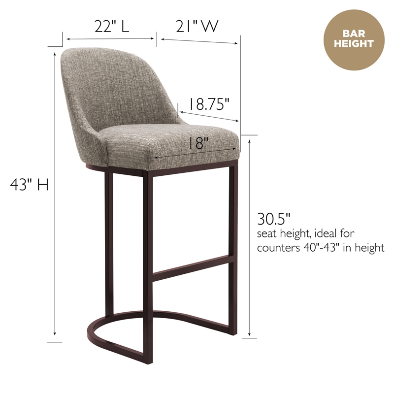 Pemberly Row Barrel Back Metal Bar Stool Set in Gray Linen Fabric
