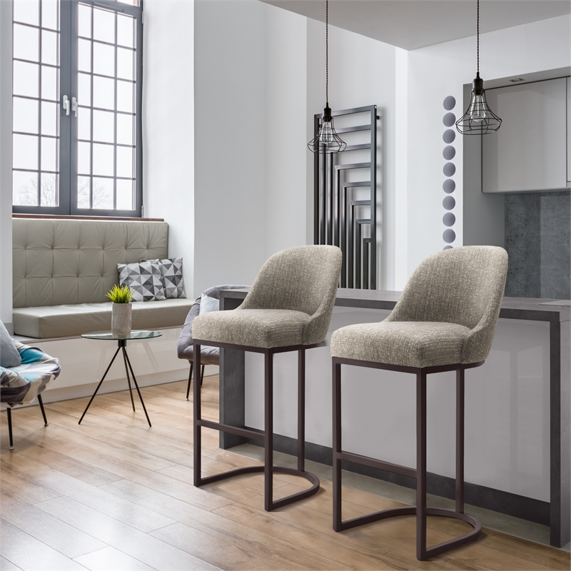 Pemberly Row Barrel Back Metal Bar Stool Set in Gray Linen Fabric