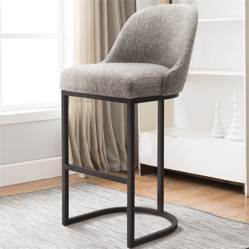 Pemberly Row Barrel Back Metal Bar Stool Set in Gray Linen Fabric