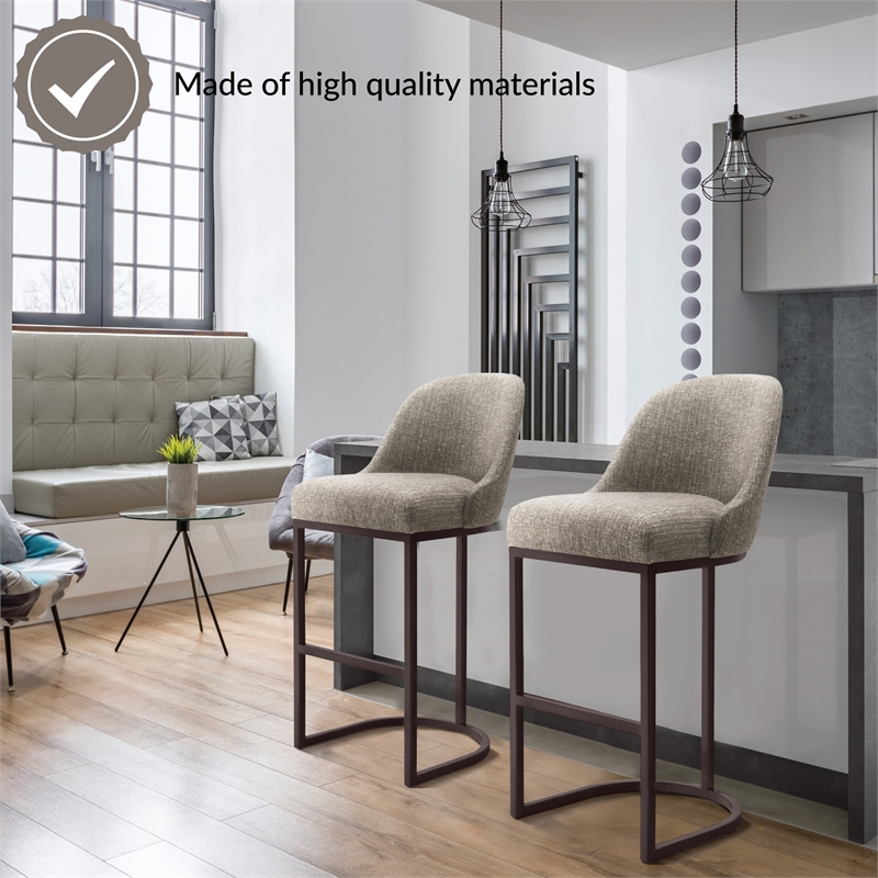 Pemberly Row Barrel Back Metal Bar Stool Set in Gray Linen Fabric