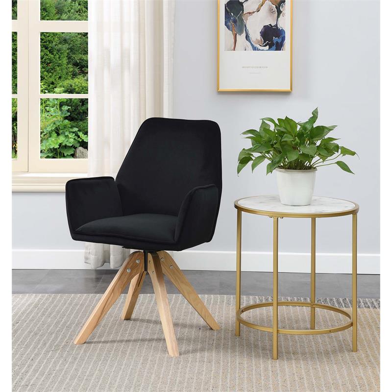 Pemberly Row Miranda Swivel Accent Chair in Black Velvet and Ash Wood