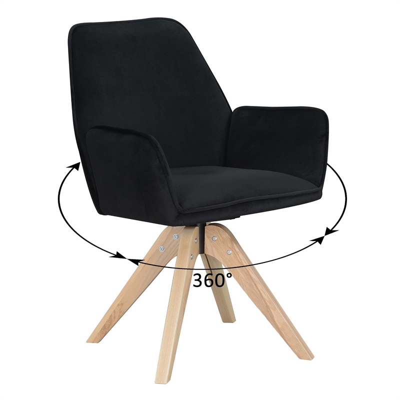 Pemberly Row Miranda Swivel Accent Chair in Black Velvet and Ash Wood