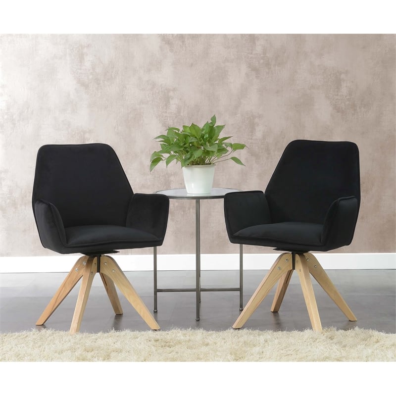 Pemberly Row Miranda Swivel Accent Chair in Black Velvet and Ash Wood