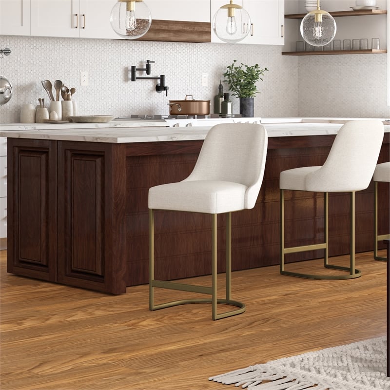 Pemberly Row Barrel Back Metal Counter Stool Set in Gold and White