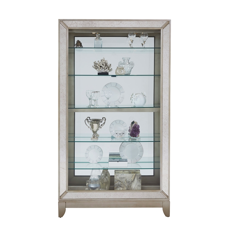 Pemberly Row 5-Shelf Mirrored Curio Cabinet in Aged Silver Finish