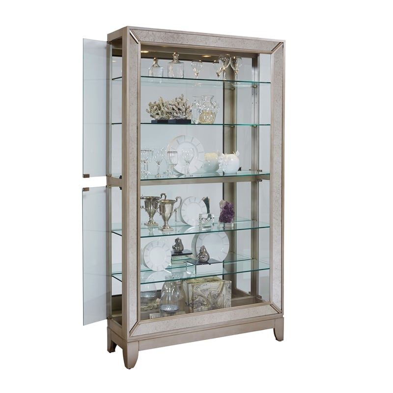 Pemberly Row 5-Shelf Mirrored Curio Cabinet in Aged Silver Finish