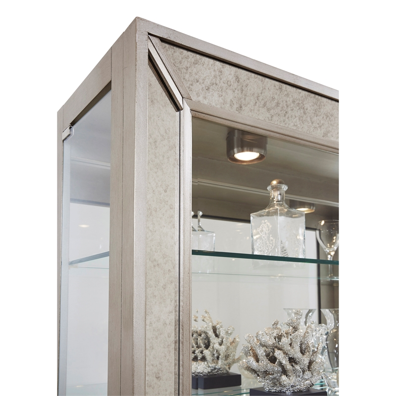 Pemberly Row 5-Shelf Mirrored Curio Cabinet in Aged Silver Finish