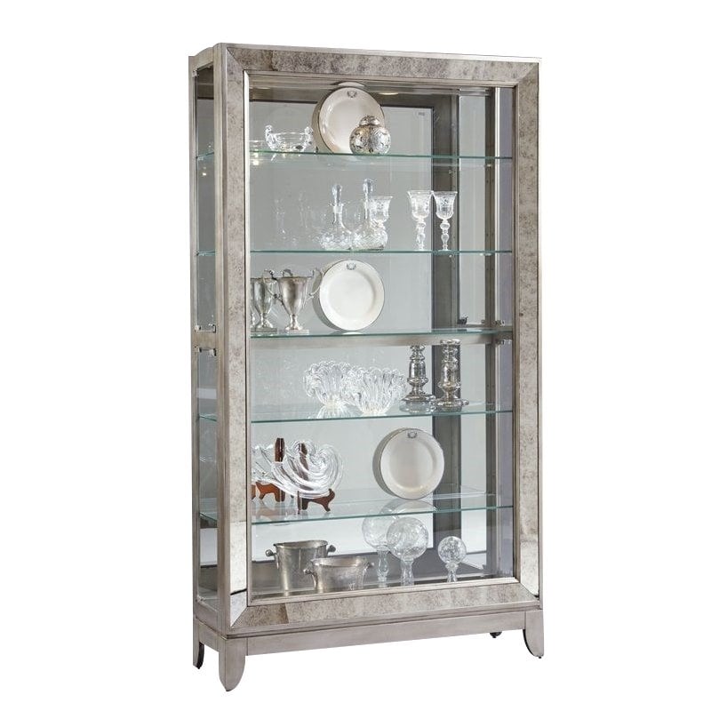 Pemberly Row 5-Shelf Mirrored Curio Cabinet in Aged Silver Finish