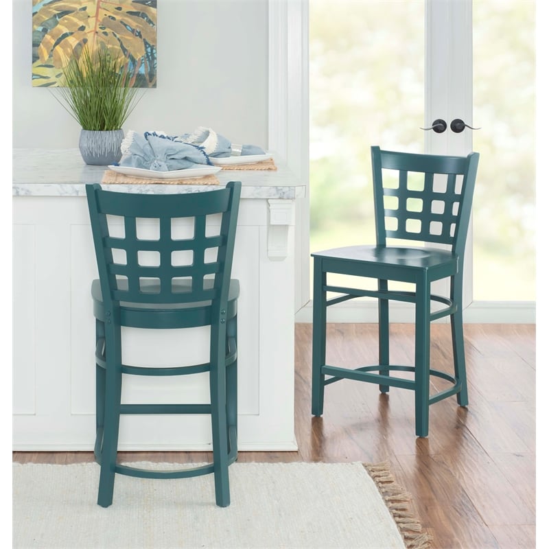Pemberly Row Lattice Back Counter Stools in Green Wood Set of 2