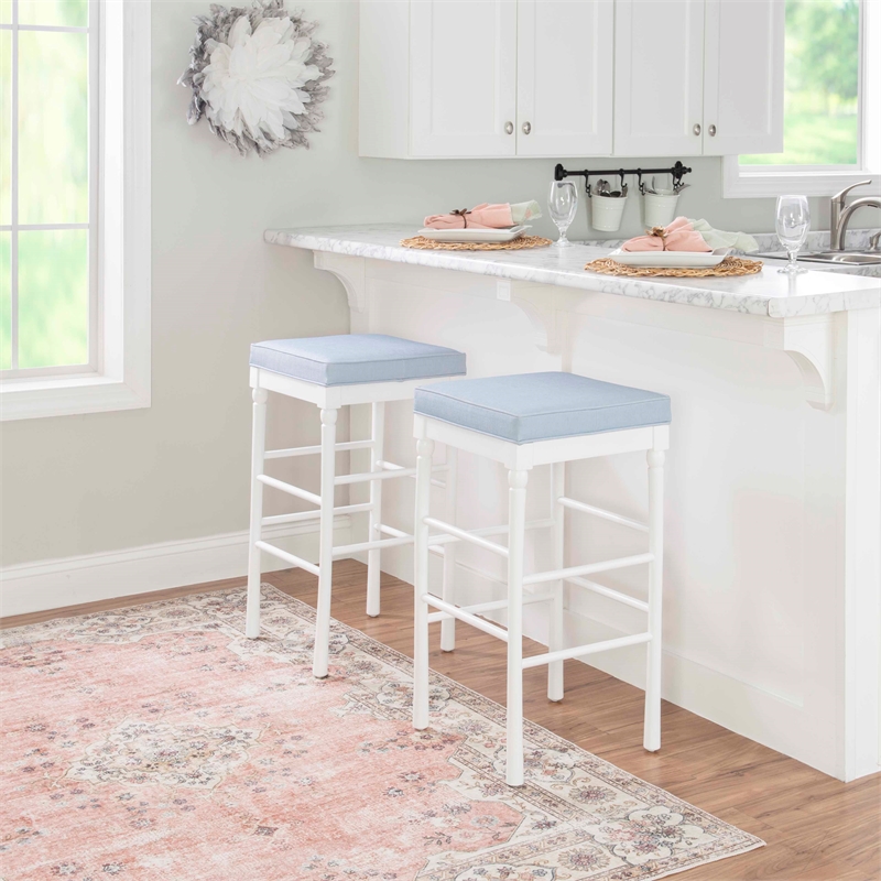 Pemberly Row Faux Leather Bar Stools in White and Blue Set of 2