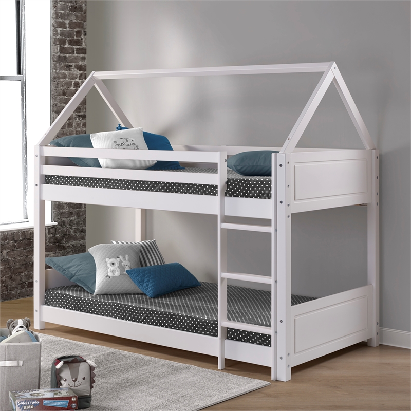 Pemberly Row White Twin Bunkbed with Guard Rail in Solid Wood